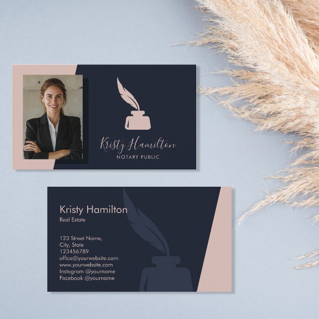 Modern Professional Navy Blush Notary Public Business Card (Creator Uploaded)