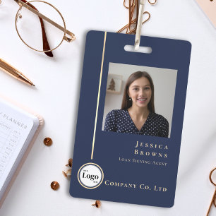Modern Professional Navy Gold Photo Logo QR code ID Badge