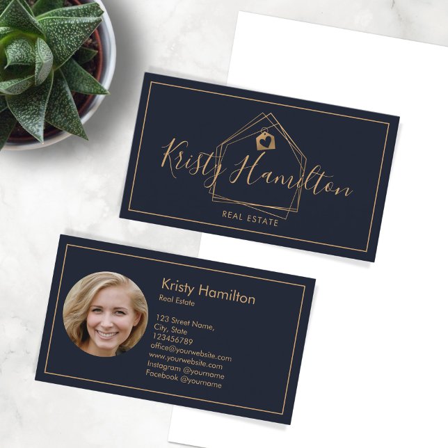 Modern Professional Navy Real Estate Add Photo Business Card (Creator Uploaded)