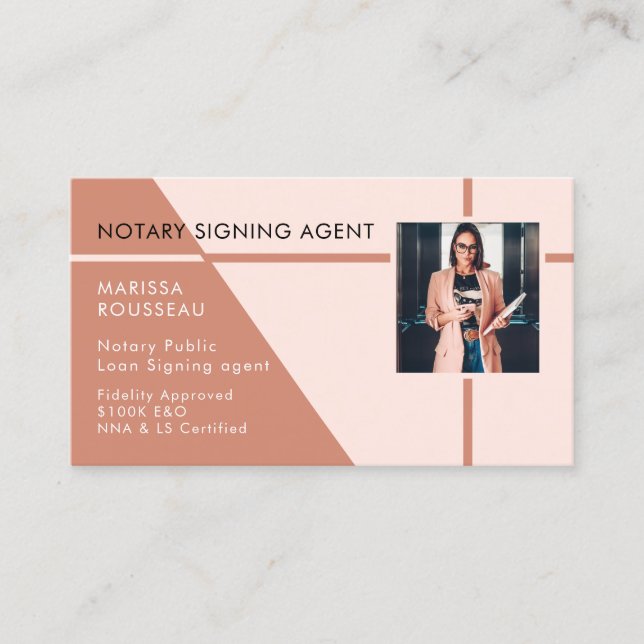 Modern Professional Peach Pink Photo Notary Public Business Card (Front)