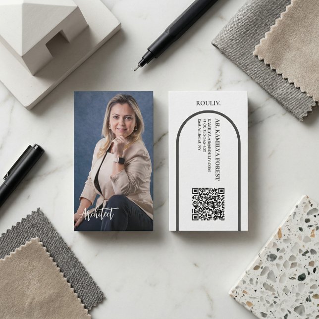 Modern Professional Photo | Minimalist Arch QR Cod Business Card (Modern Professional Photo Business Card | Minimalist Arch Interior Designer QR Code | ROULIV)