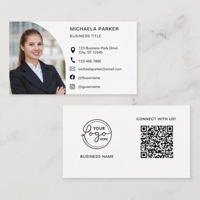 Modern Professional Photo QR Code Social Media Business Card (Front/Back)