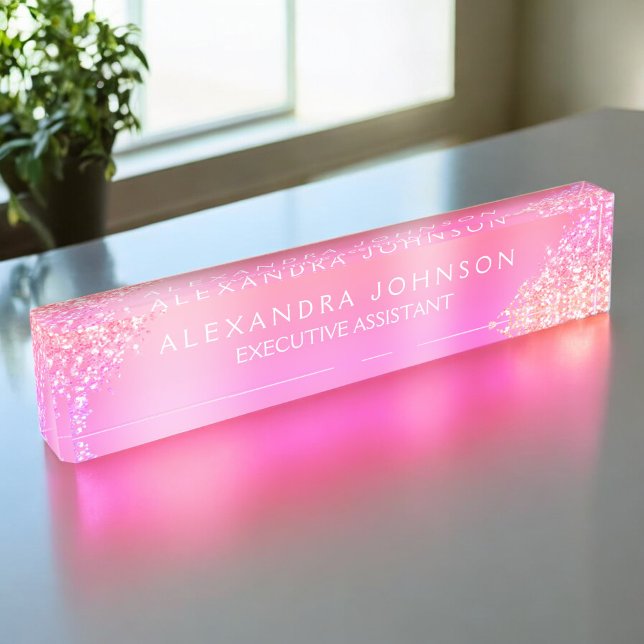 Modern Professional Pink Orange Sparkle Glitter Nameplate (Creator Uploaded)