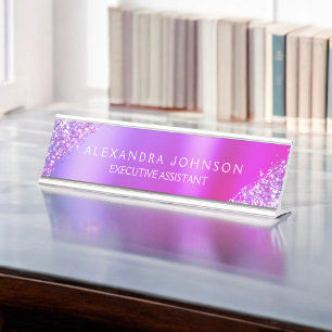Modern Professional Pink Purple Sparkle Glitter Desk Name Plate