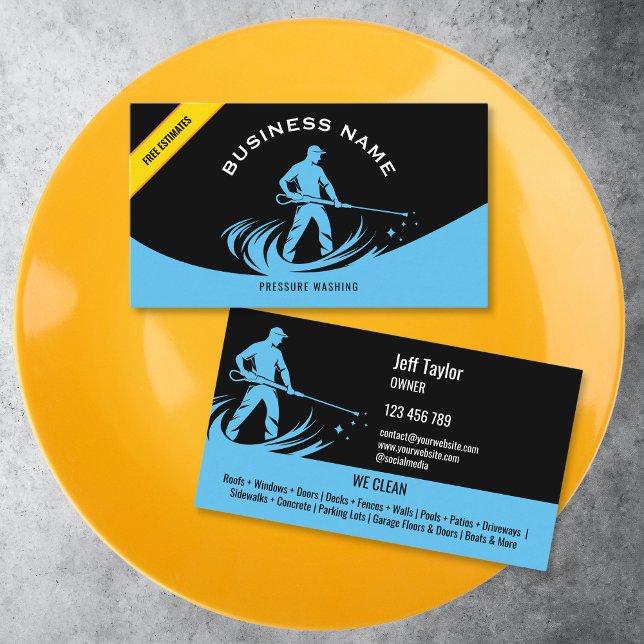 Modern Professional Pressure Washing Power  Roof Business Card (light blue pressure washing man in a water wave And "free estimates" text on a yellow corner stripe)