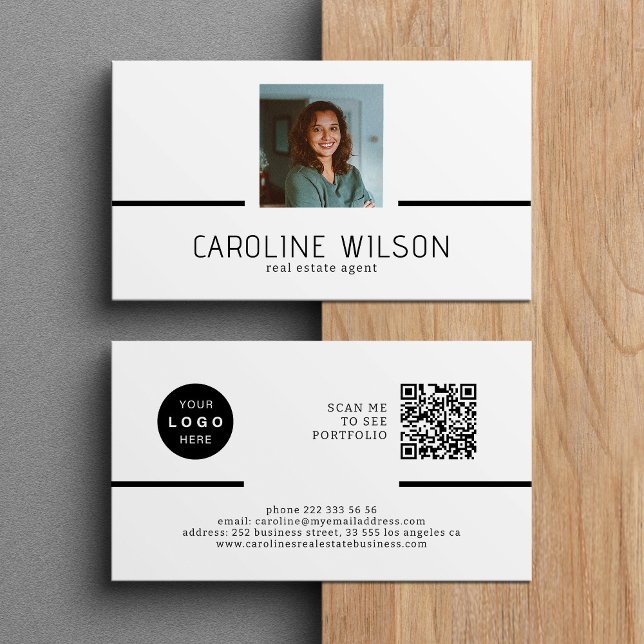 Modern professional QR CODE logo photo white Business Card (Creator Uploaded)