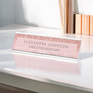 Modern Professional Rose Gold Glitter Marble Desk Name Plate