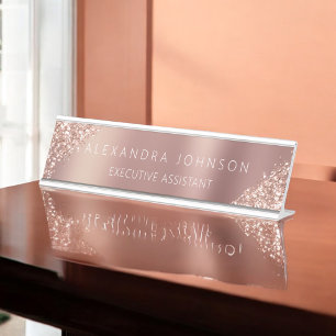 Modern Professional Rose Gold Sparkle Glitter Desk Name Plate