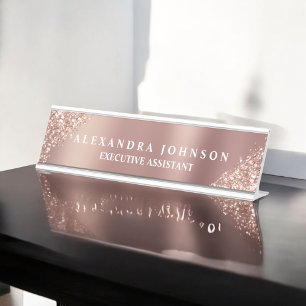 Modern Professional Rose Gold Sparkle Glitter Desk Name Plate