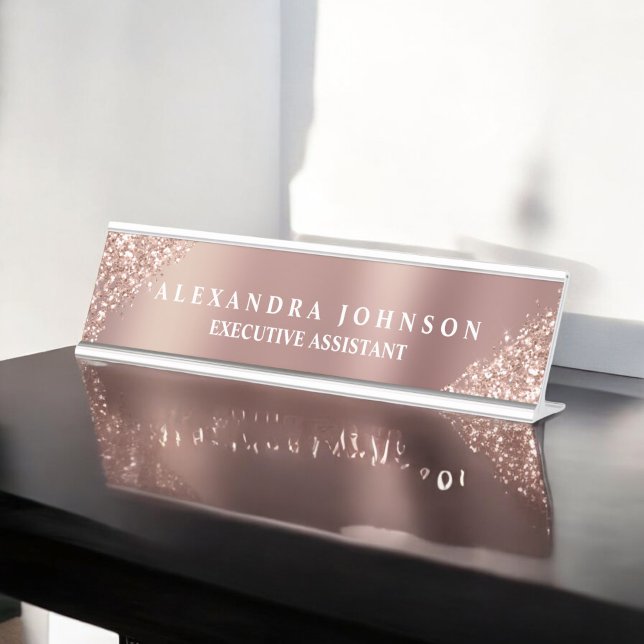 Modern Professional Rose Gold Sparkle Glitter Desk Name Plate (Creator Uploaded)