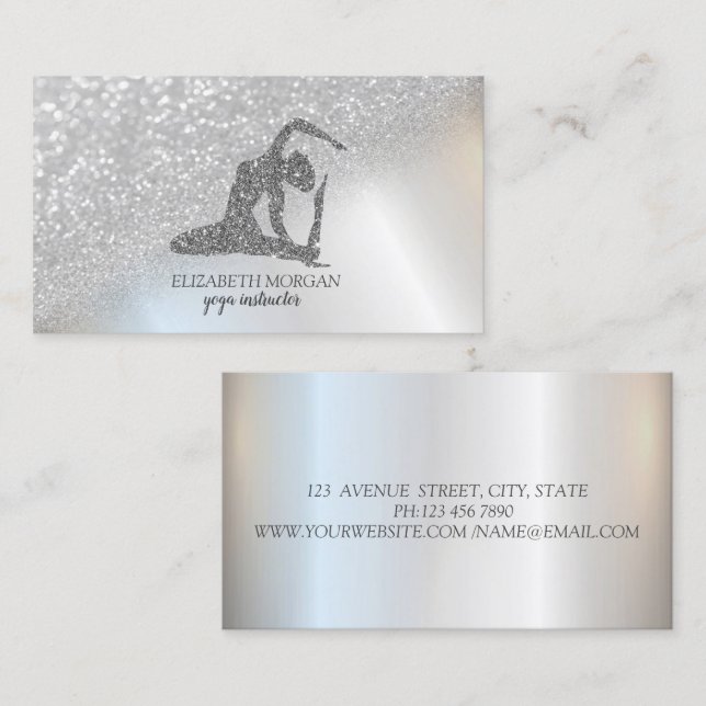 Modern Professional Silver Bokeh Glitter Yoga Girl Business Card (Front/Back)