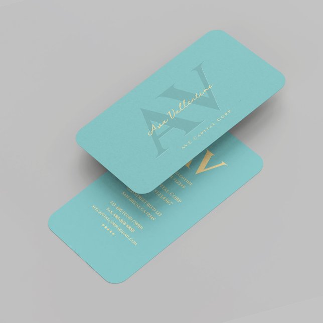 Modern Professional Teal Gold Monogram Marketing Business Card (Modern Professional Blue Teal Gold Monogram Marketing)