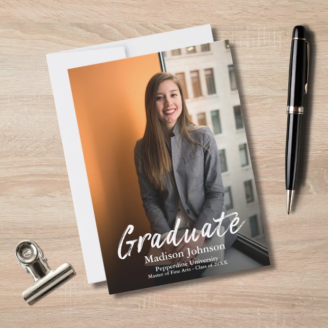 Modern Professional White Script Graduation Photo Announcement (Creator Uploaded)