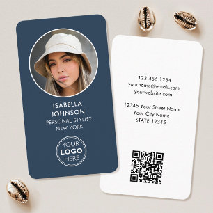 Modern Profile Photo Logo QR Code Slate Blue Business Card