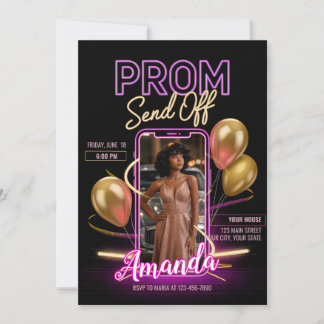 Modern Prom Send Off Neon Black Pink Tone Invitation