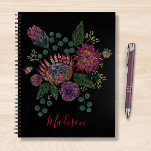 Modern Protea Floral Stitched Personalised Name Notebook
