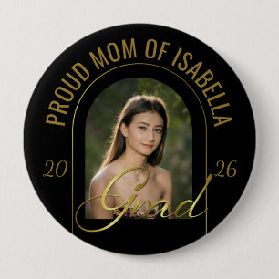 Modern Proud Mum of Grad Black Gold Custom Photo 10 Cm Round Badge