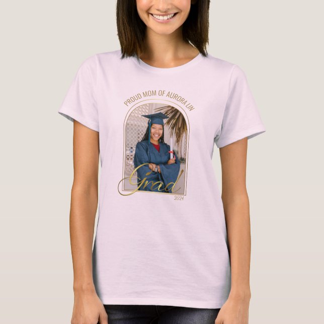 Modern Proud Mum of Grad Custom Photo Pink Boho  T-Shirt (Front)