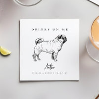 Modern Pug Dog Sketch Drinks on Me Pet Wedding