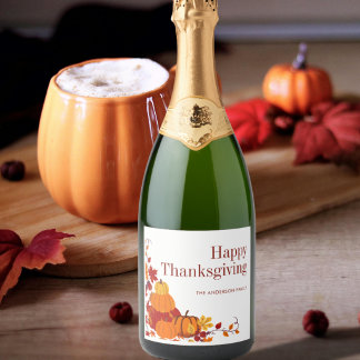 Modern Pumpkin Autumn Leaves Happy Thanksgiving Sparkling Wine Label