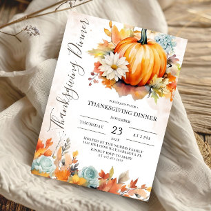 Modern Pumpkin Autumn Leaves Thanksgiving Dinner Invitation