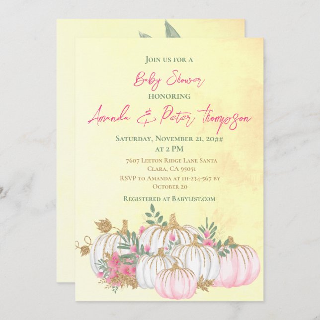 Modern Pumpkin Blush Pink Gold Yellow Baby Shower Invitation (Front/Back)