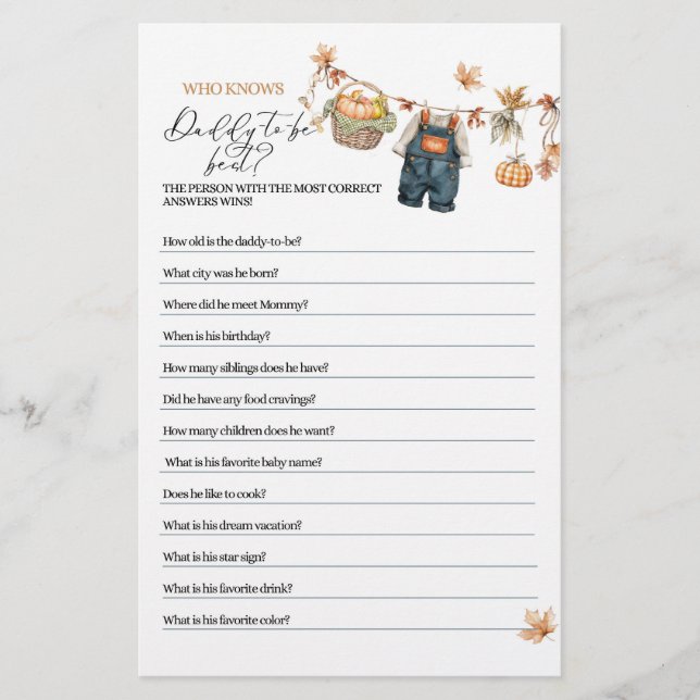Modern Pumpkin Fall Baby Shower Dad Game (Front)