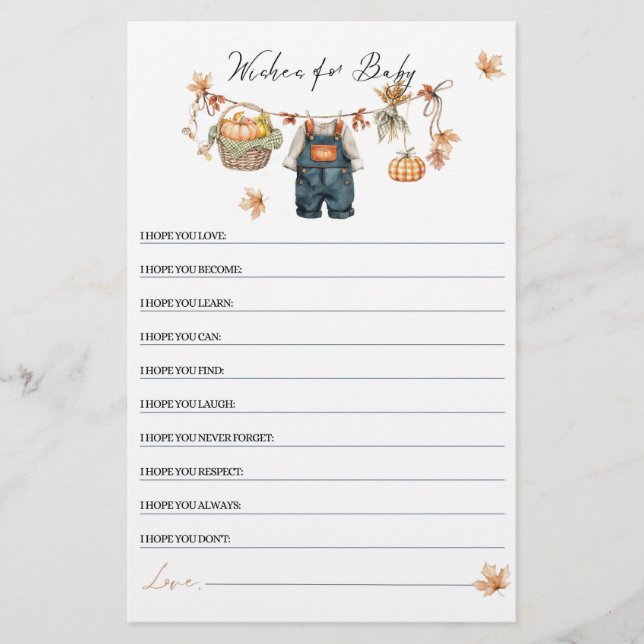 Modern Pumpkin Fall Baby Shower Wishes Game (Front)