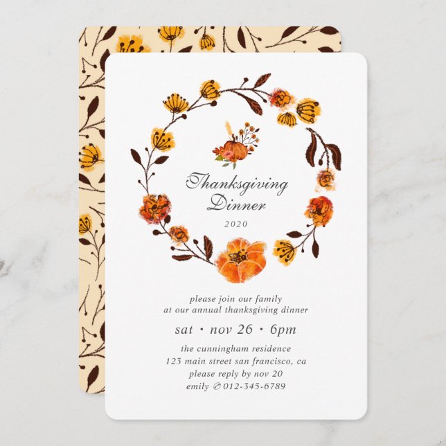 Modern Pumpkin Floral Wreath Thanksgiving Invitation (Front/Back)