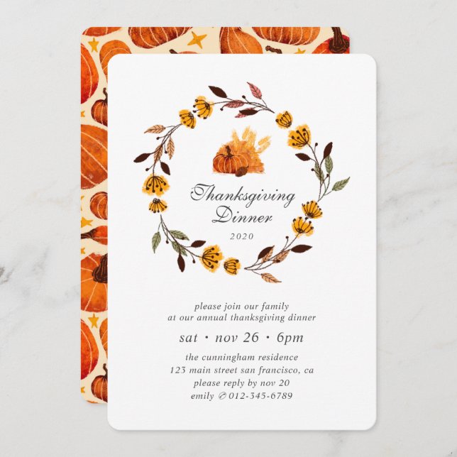 Modern Pumpkin Floral Wreath Thanksgiving Invitation (Front/Back)