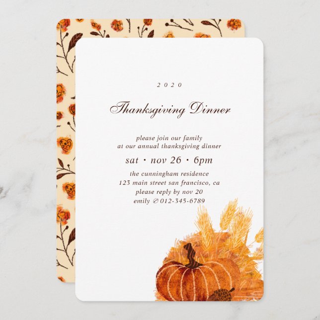 Modern Pumpkin Flower Pattern Thanksgiving Dinner Invitation (Front/Back)