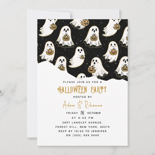 Modern Pumpkin & Ghost Halloween Invitation (Front)