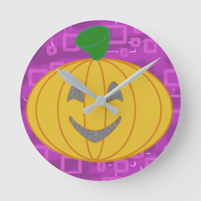 Modern Pumpkin on Purple Geometric Round Clock (Front)
