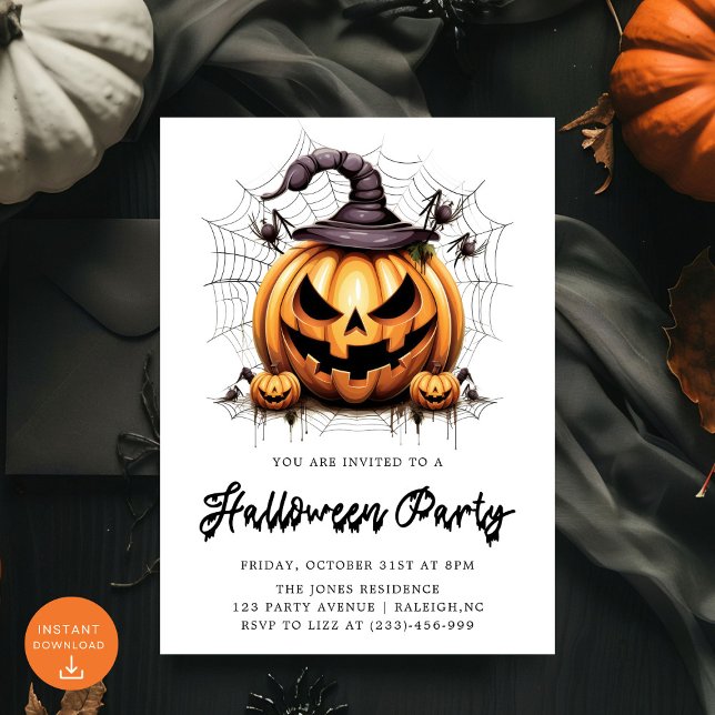 Modern Pumpkin Spiders Adult Halloween Party Invitation (Creator Uploaded)