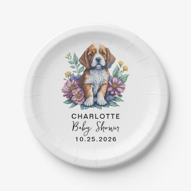 modern puppy dog terracotta baby shower paper plate (Front)