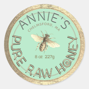 Modern Pure Raw Honey Bee Gold Frame Blue Cyan   Classic Round Sticker