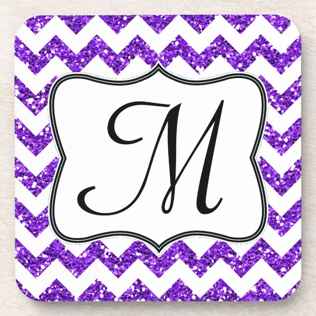 Modern Purp Glitter Chevron Monogram Drink Coaster (Front)
