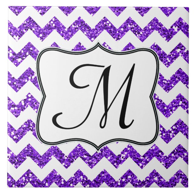 Modern Purpl Glitter Chevron Monogram Display Tile (Front)