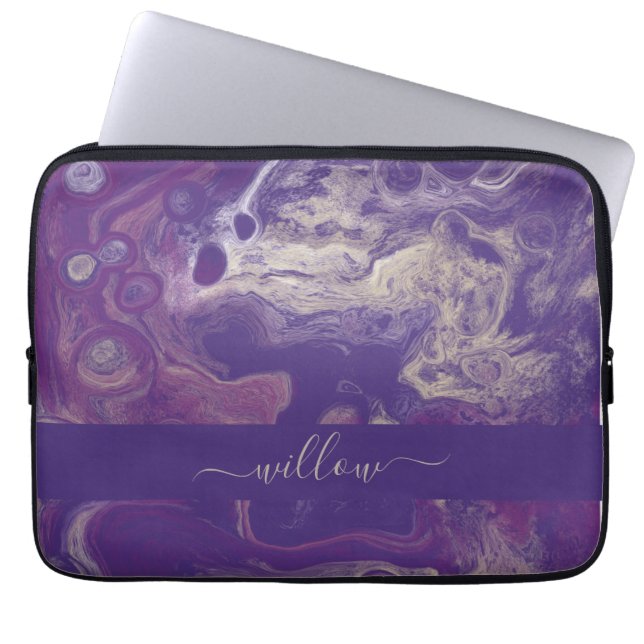 Modern Purple Abstract Paint Pour Art Monogram Laptop Sleeve (Front)