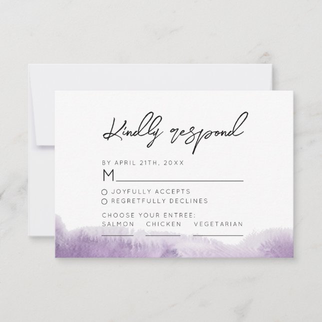 Modern Purple Abstract Watercolor Wedding RSVP Card (Front)