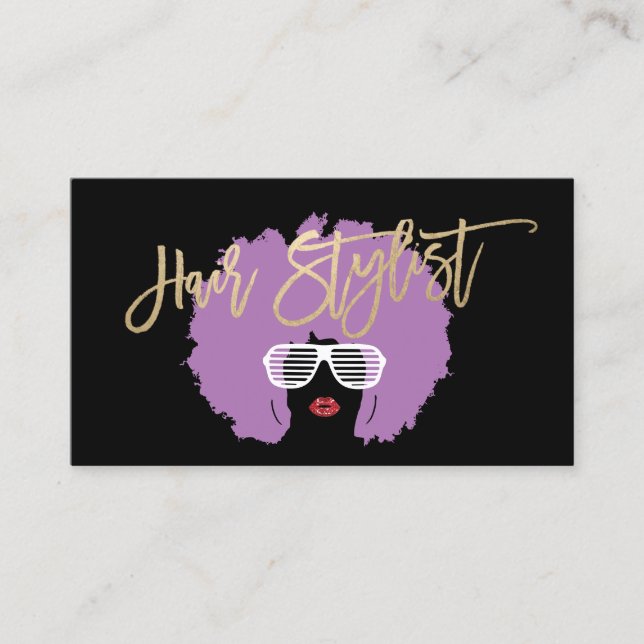 Modern Purple Afro Hair Beauty Fashion Stylist Business Card (Front)
