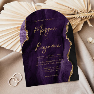Modern Purple Agate Chic Script Arch Shape Wedding Invitation