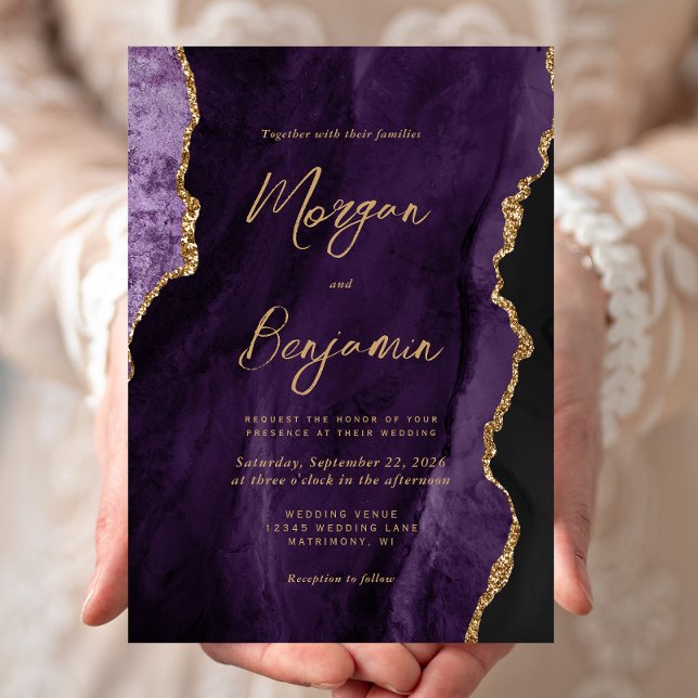 Modern Purple Agate Chic Script Wedding Invitation (Creator Uploaded)