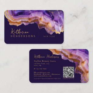 Modern Purple Agate & gold glitter marble QR Code Business Card