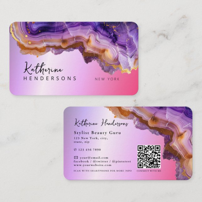 Modern Purple Agate & gold glitter marble QR Code Business Card (Front/Back)