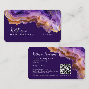 Modern Purple Agate & gold glitter marble QR Code Business Card