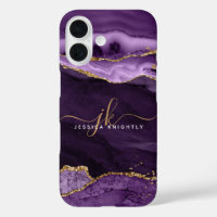 Modern Purple Agate Gold Glitter Script Monogram