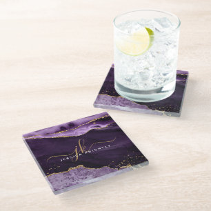 Modern Purple Agate Gold Glitter Script Monogram Glass Coaster