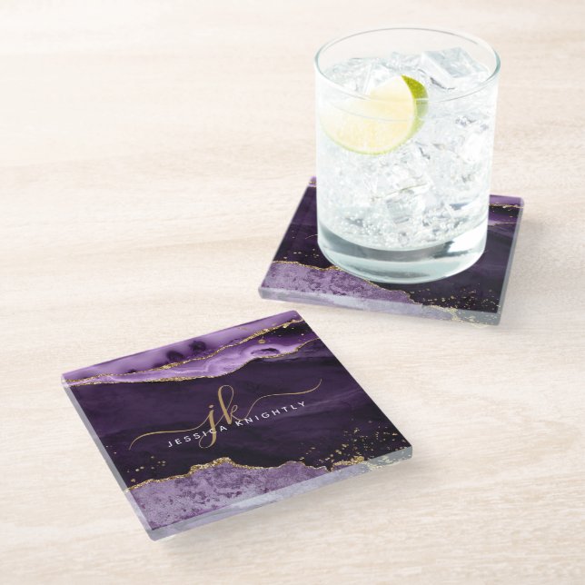 Modern Purple Agate Gold Glitter Script Monogram Glass Coaster (Angled)