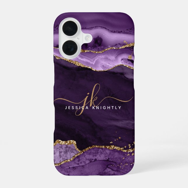 Modern Purple Agate Gold Glitter Script Monogram iPhone 16 Case (Back)